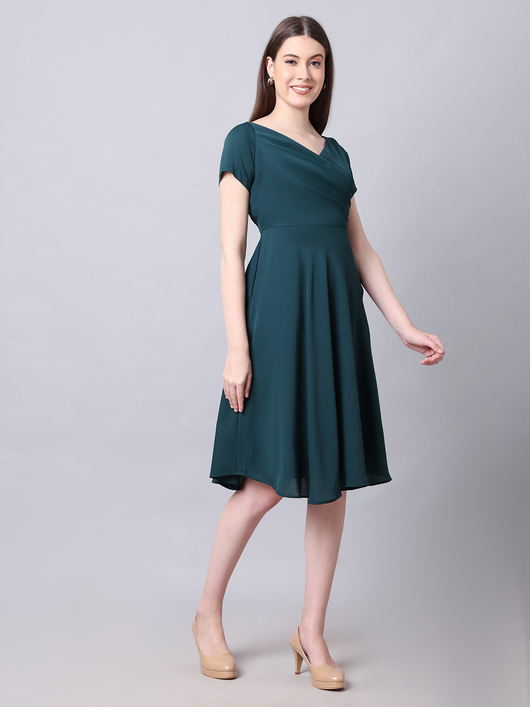 Emerald-Green-Polyester-Intrepid-V-Neck-Front-Pleat-Dress