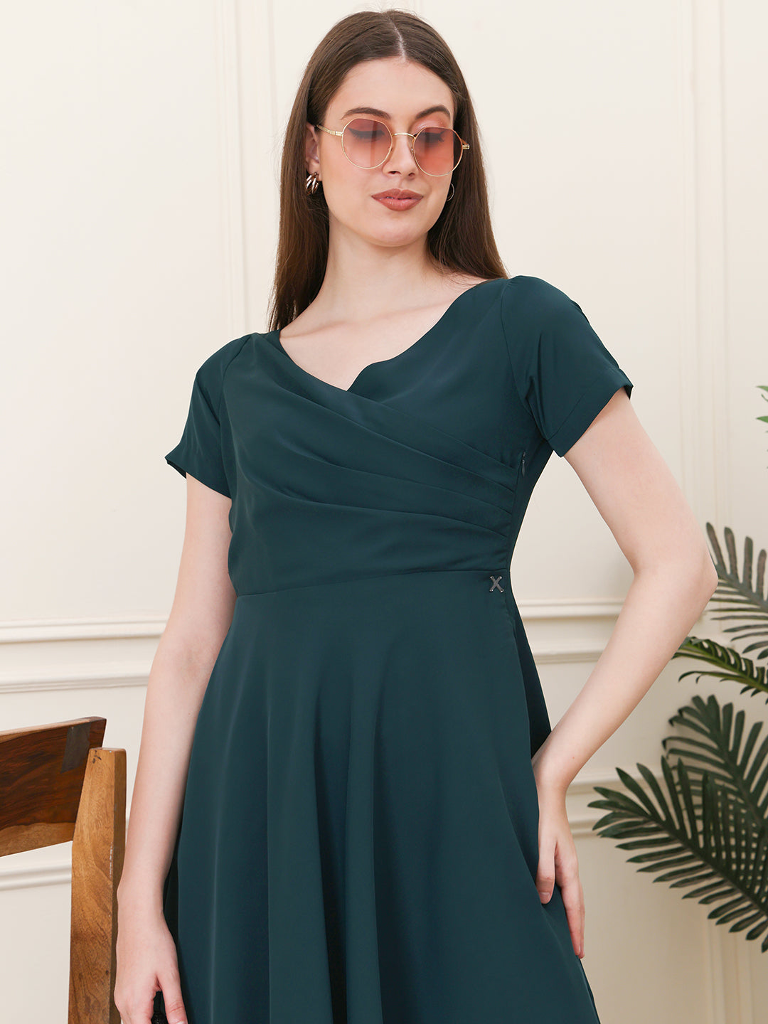 Emerald-Green-Polyester-Intrepid-V-Neck-Front-Pleat-Dress