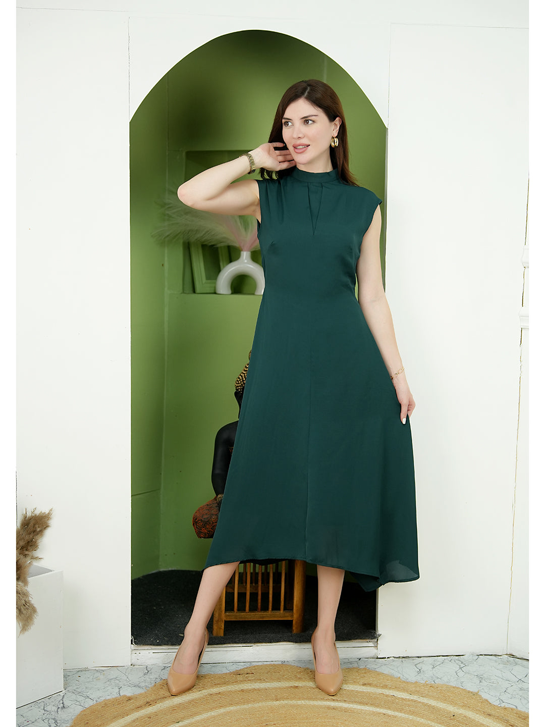 Emerald Green Polyester Vibrance Open Back Midi Dress