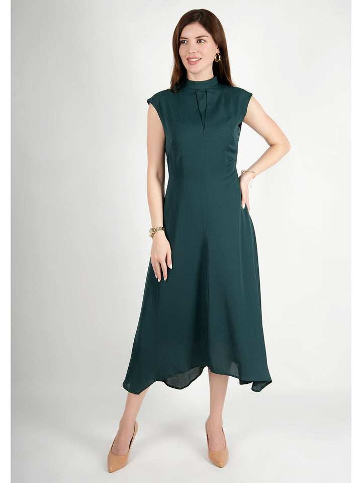 Emerald-Green-Polyester-Vibrance-Open-Back-Midi-Dress