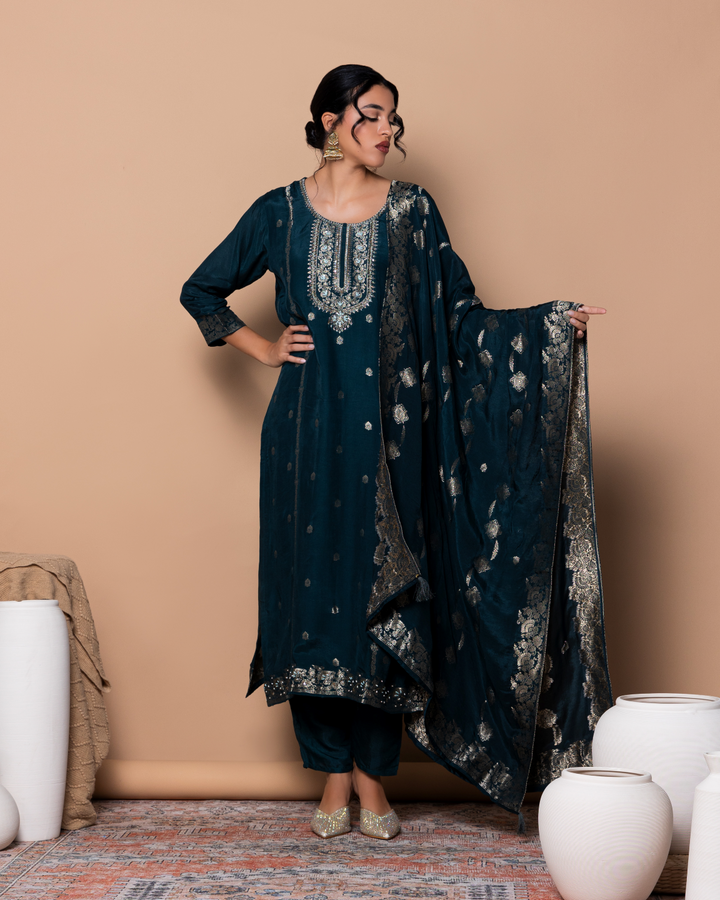 Blue Banarasi Silk Kurta Set