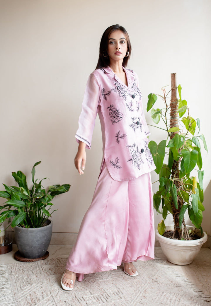 English-Pink-Organza-Thread-Embroidery-Co-Ord Set