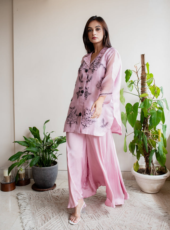 English-Pink-Organza-Thread-Embroidery-Co-Ord Set