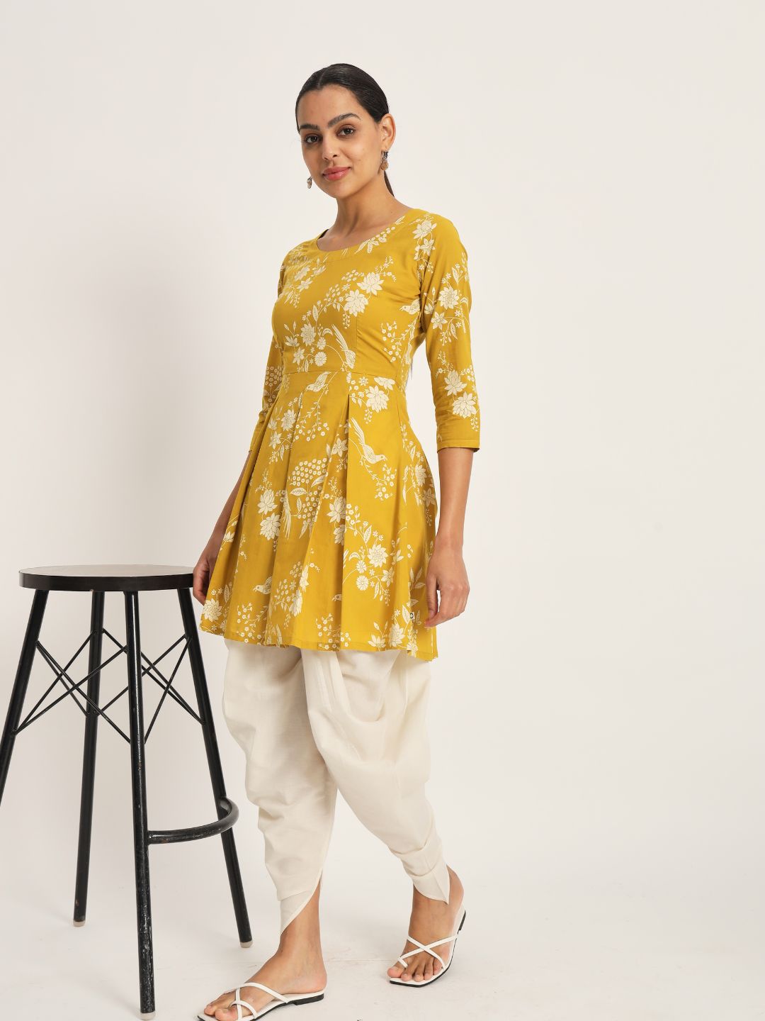 Etcetra-Yellow-Cotton-A-Line-Top-&-Dhoti-Set