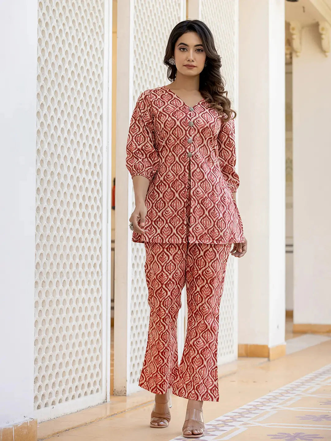 Rust-Cotton-Ethnic-Motifs-Print-A-Line-Co-Ord-Set