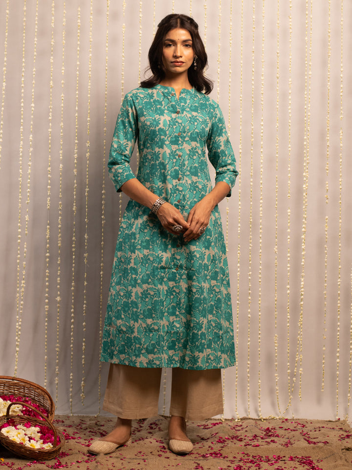 Teal-Green-Cotton-Floral-Print-A-Line-Kurta