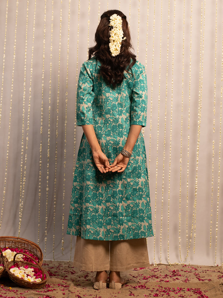 Teal-Green-Cotton-Floral-Print-A-Line-Kurta