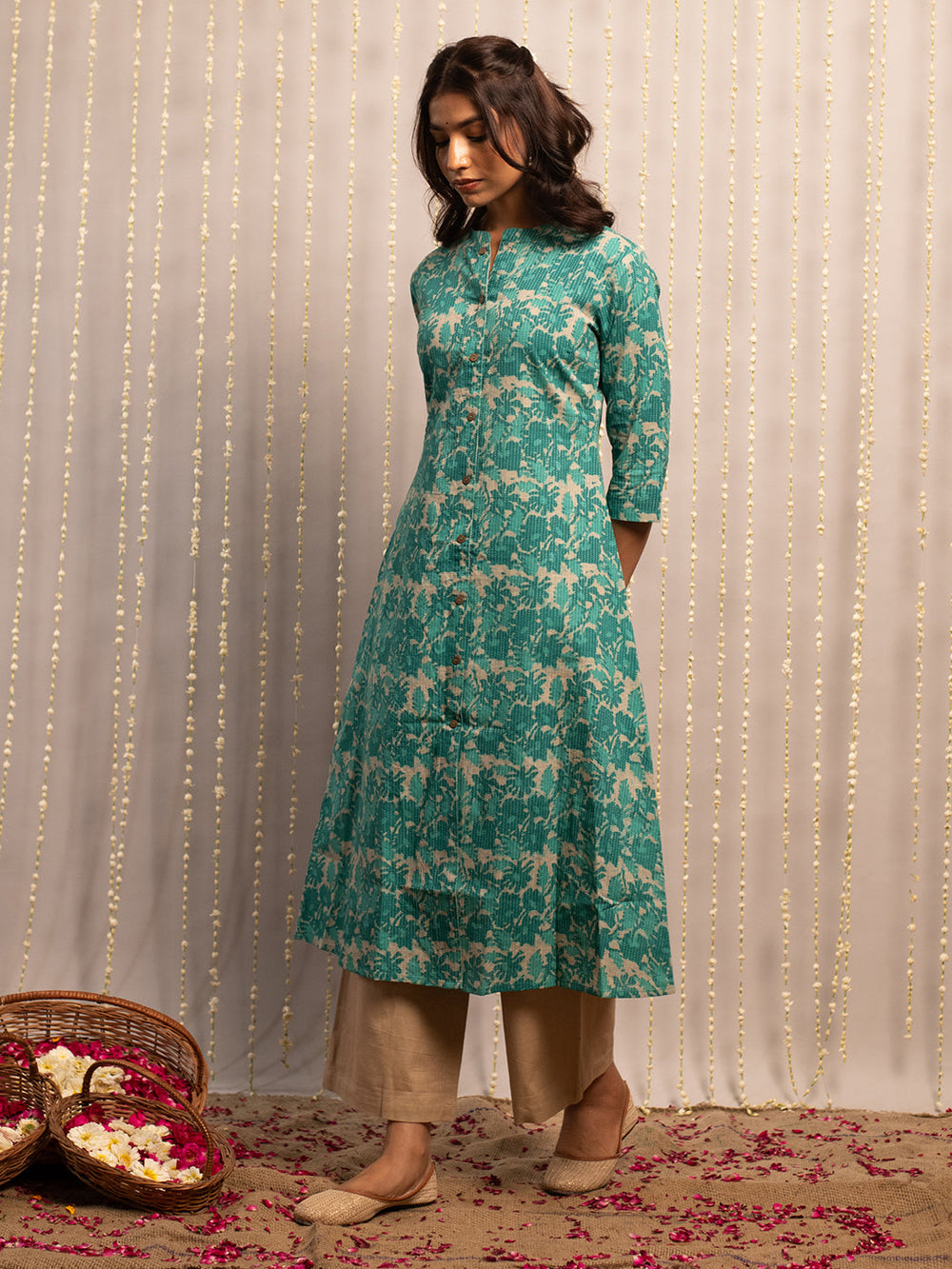Teal-Green-Cotton-Floral-Print-A-Line-Kurta
