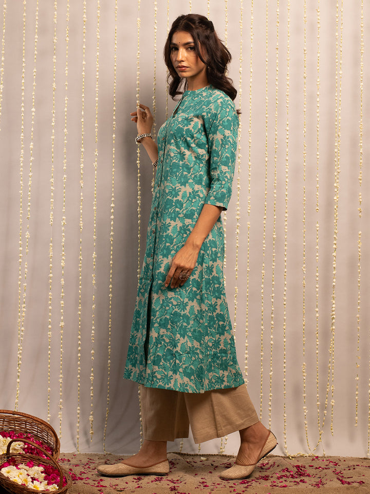Teal-Green-Cotton-Floral-Print-A-Line-Kurta