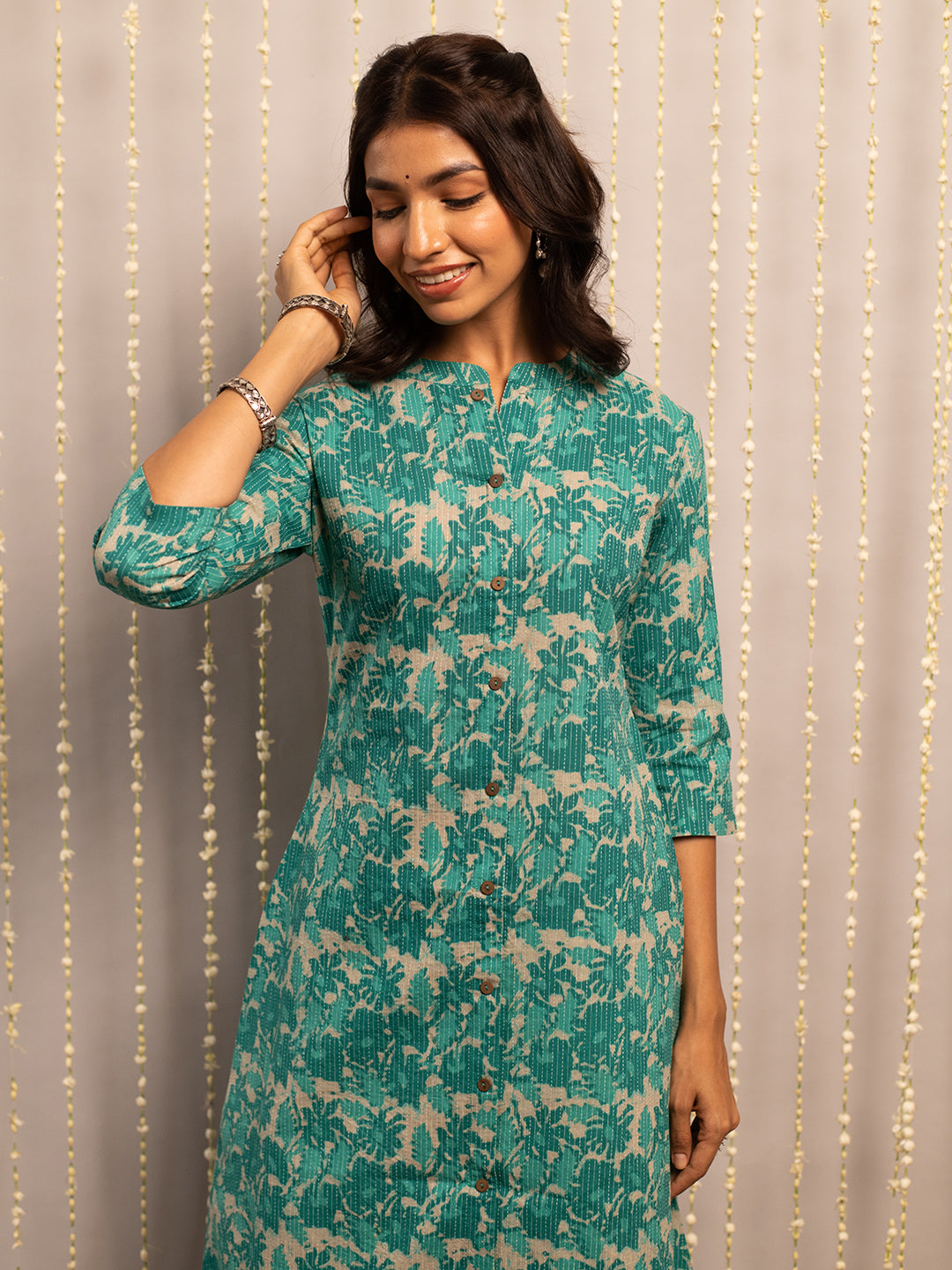 Teal-Green-Cotton-Floral-Print-A-Line-Kurta