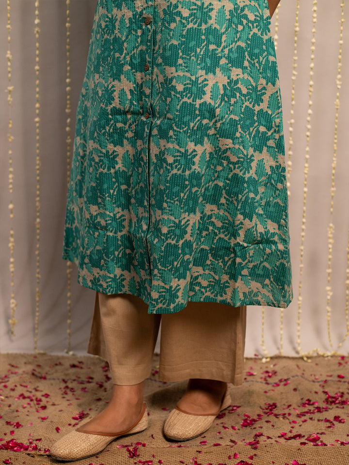 Teal-Green-Cotton-Floral-Print-A-Line-Kurta