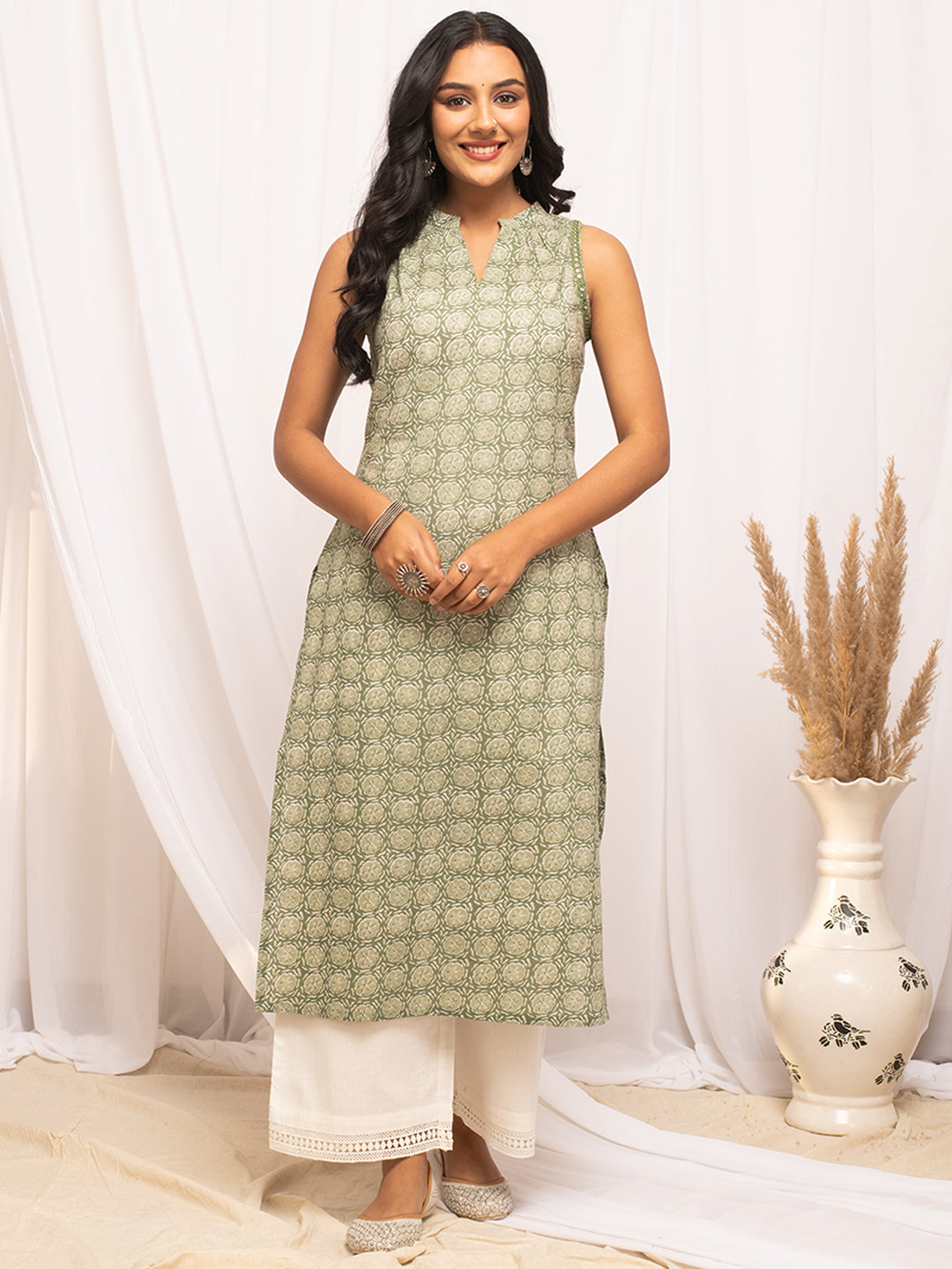Light-Green-Cotton-Floral-Printed-Straight-Kurta