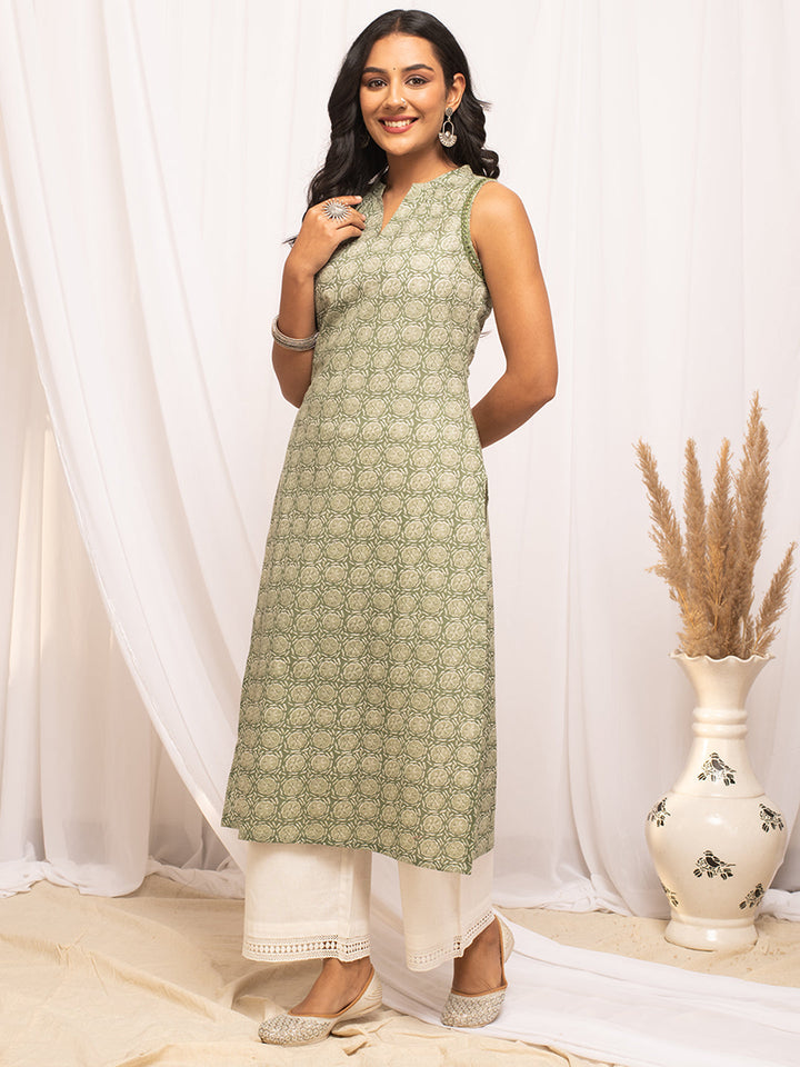 Light-Green-Cotton-Floral-Printed-Straight-Kurta