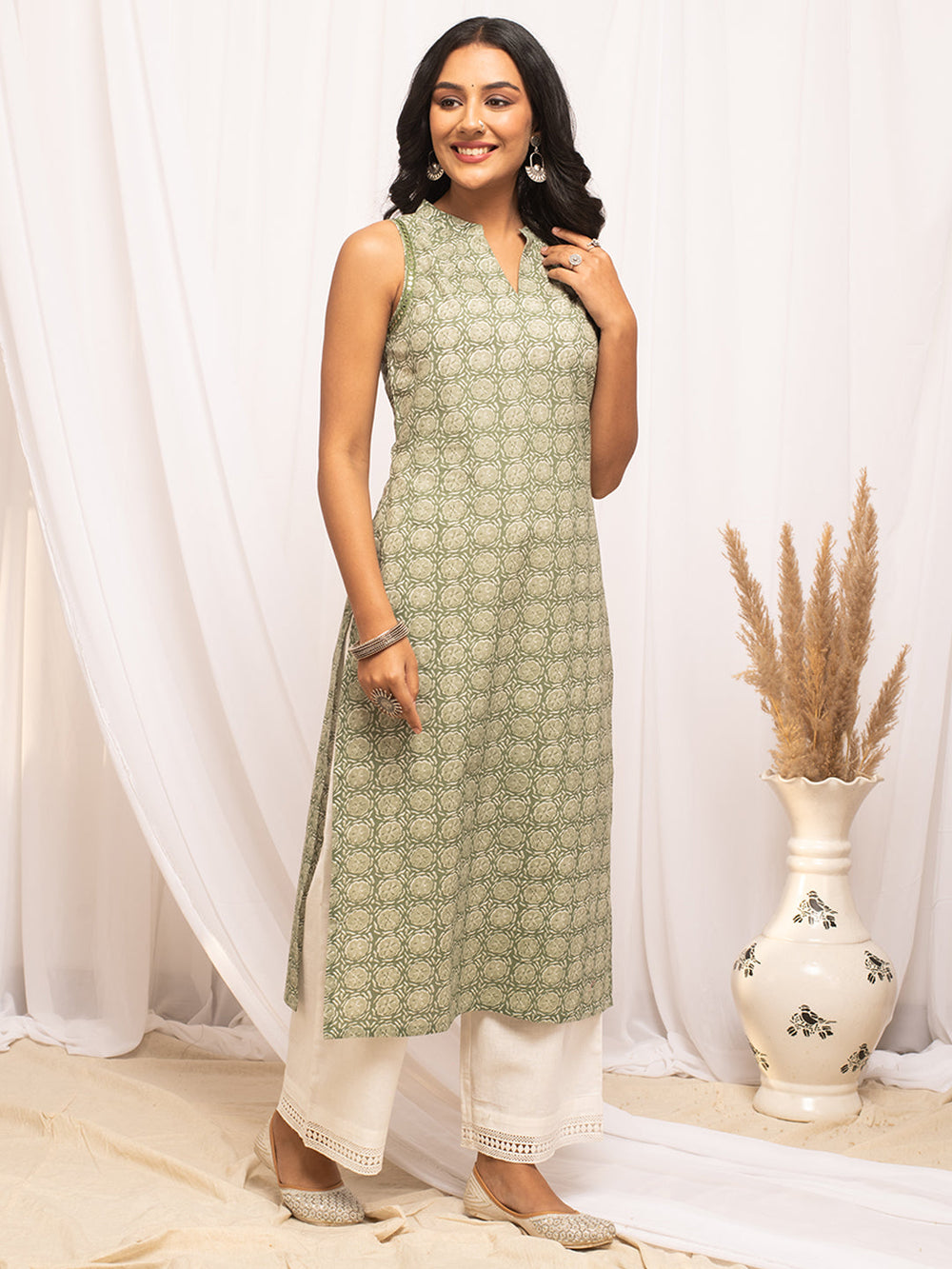 Light-Green-Cotton-Floral-Printed-Straight-Kurta