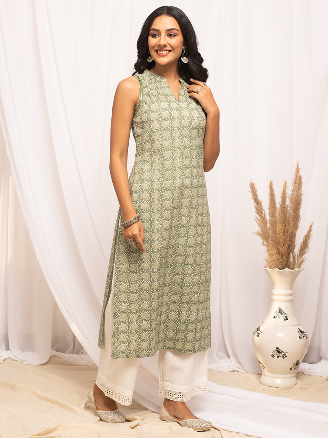 Light-Green-Cotton-Floral-Printed-Straight-Kurta