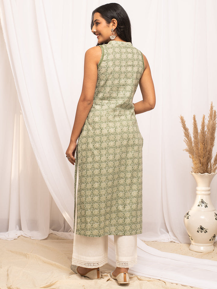 Light-Green-Cotton-Floral-Printed-Straight-Kurta
