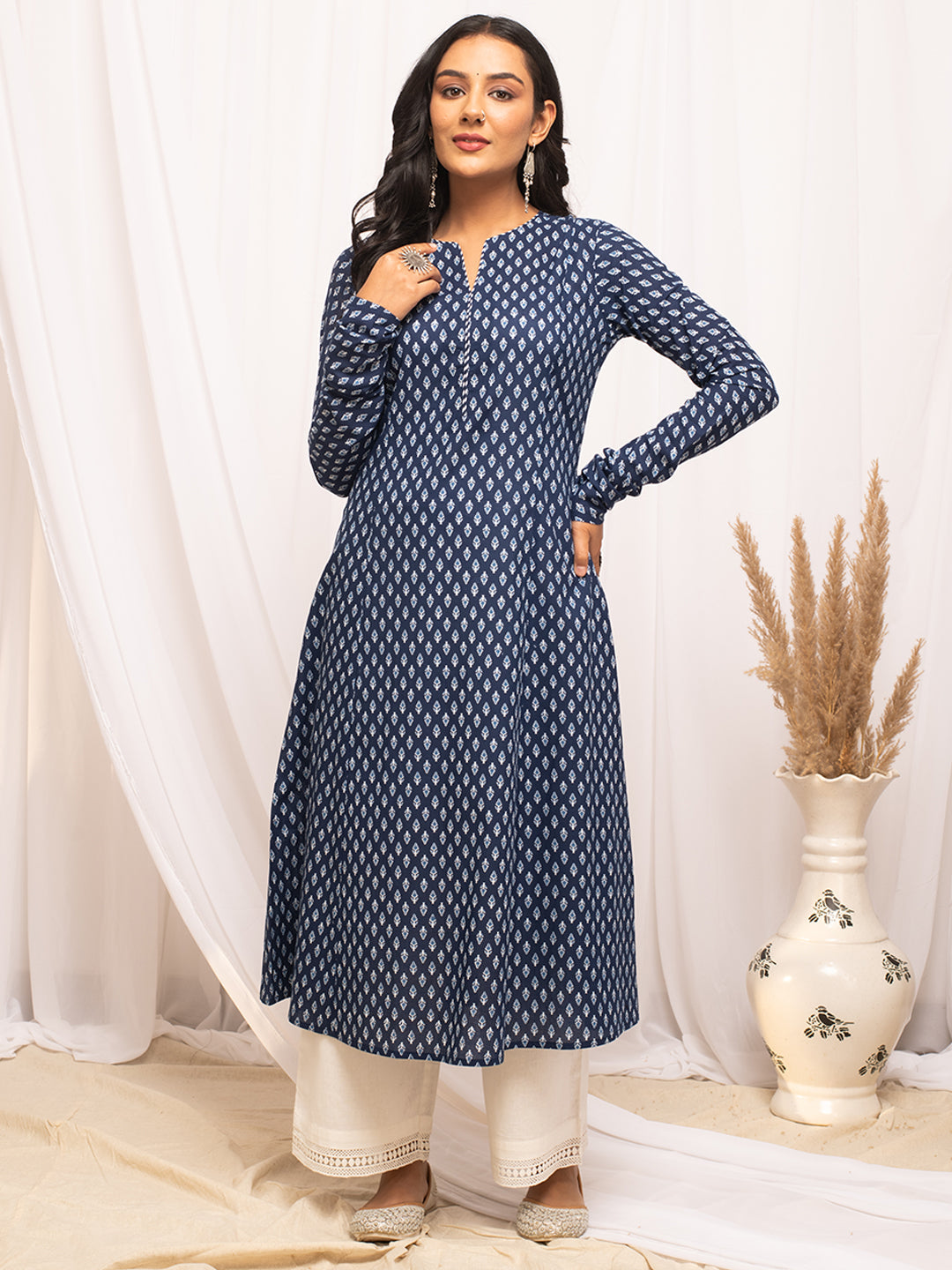 Navy-Blue-Cotton-Floral-Print-A-Line-Kurta