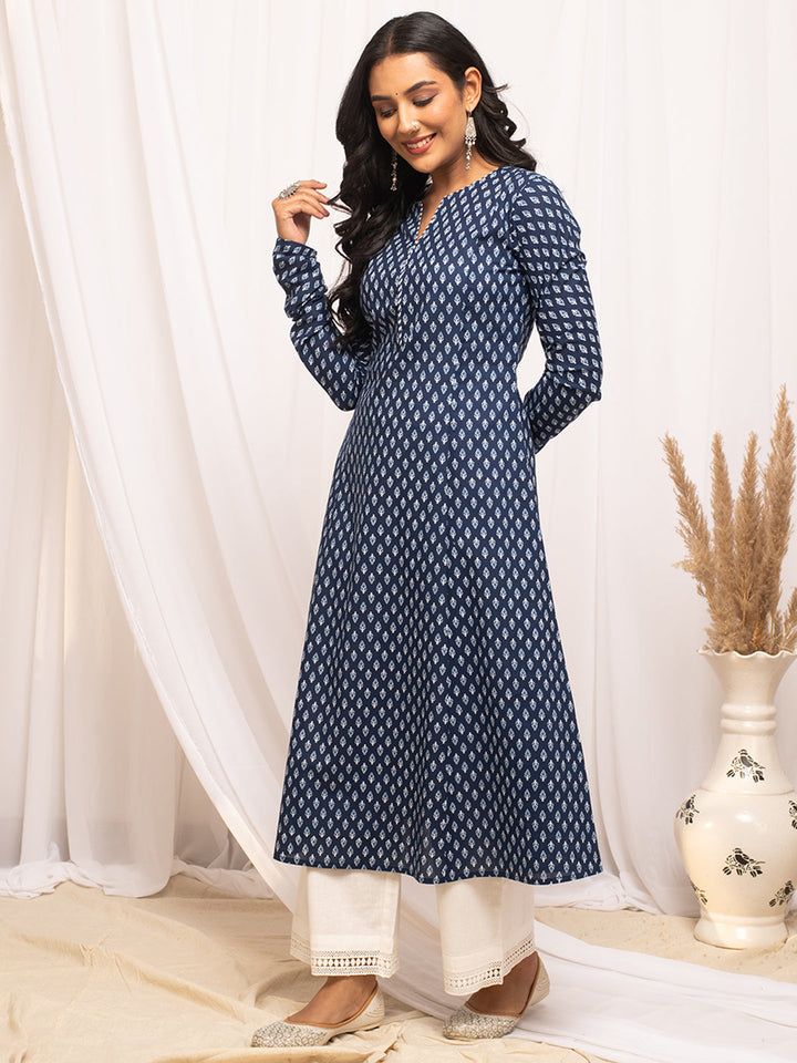 Navy-Blue-Cotton-Floral-Print-A-Line-Kurta
