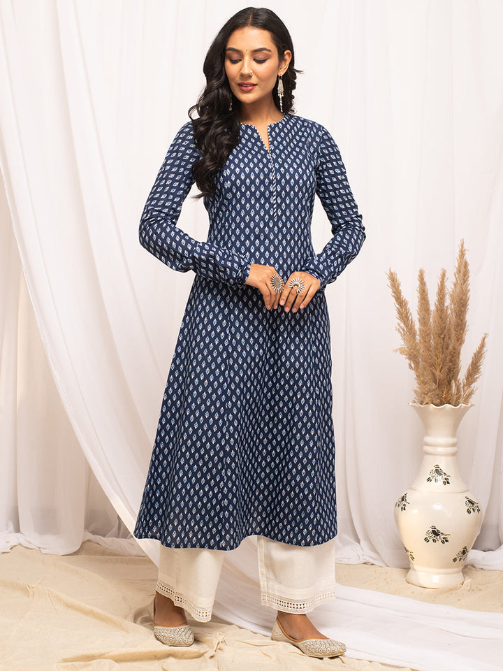 Navy-Blue-Cotton-Floral-Print-A-Line-Kurta