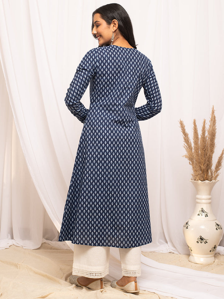 Navy-Blue-Cotton-Floral-Print-A-Line-Kurta