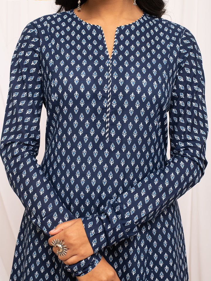 Navy-Blue-Cotton-Floral-Print-A-Line-Kurta
