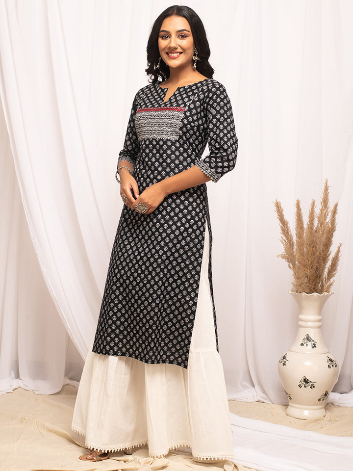 Black-Cotton-Floral-Print-Straight-Kurta