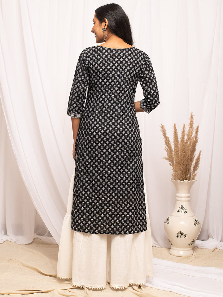 Black-Cotton-Floral-Print-Straight-Kurta