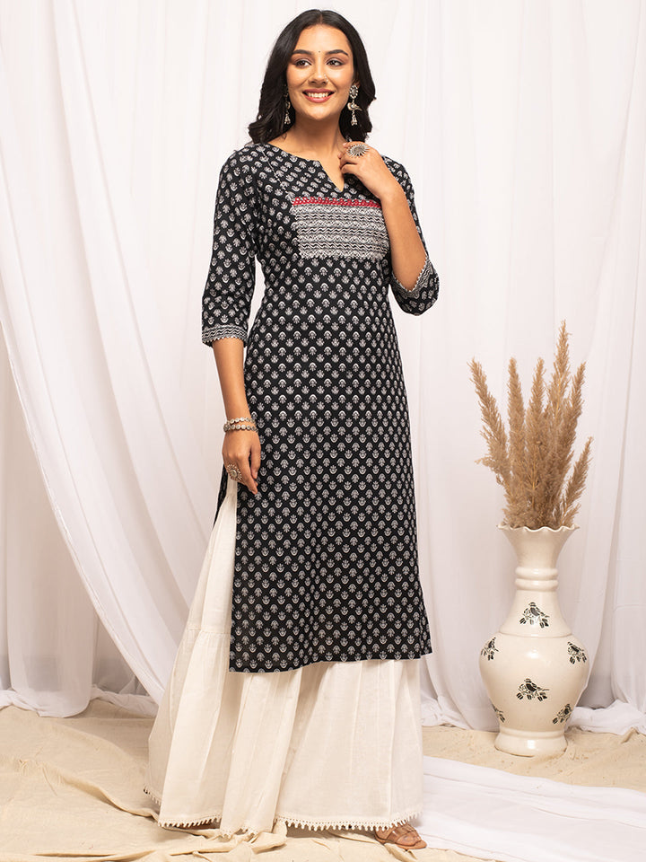 Black-Cotton-Floral-Print-Straight-Kurta