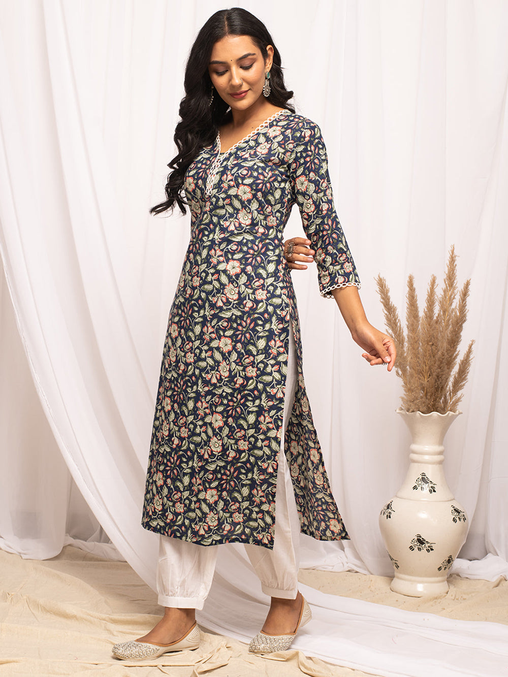 Blue-Cotton-Floral-Print-Straight-Kurta