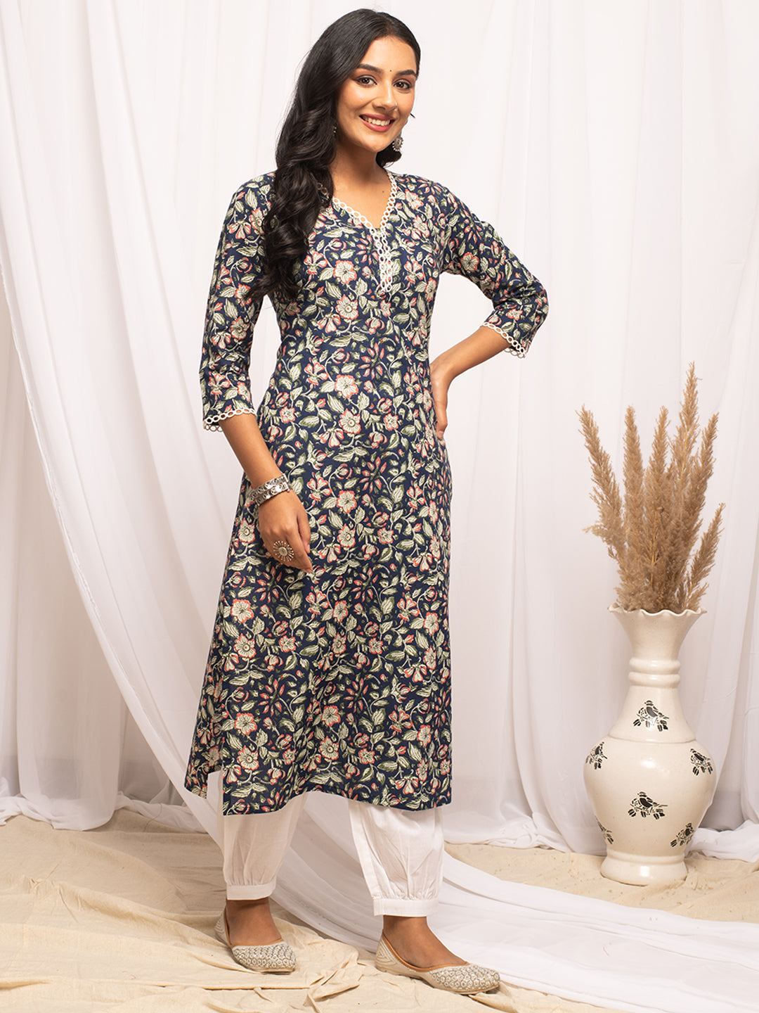 Blue-Cotton-Floral-Print-Straight-Kurta