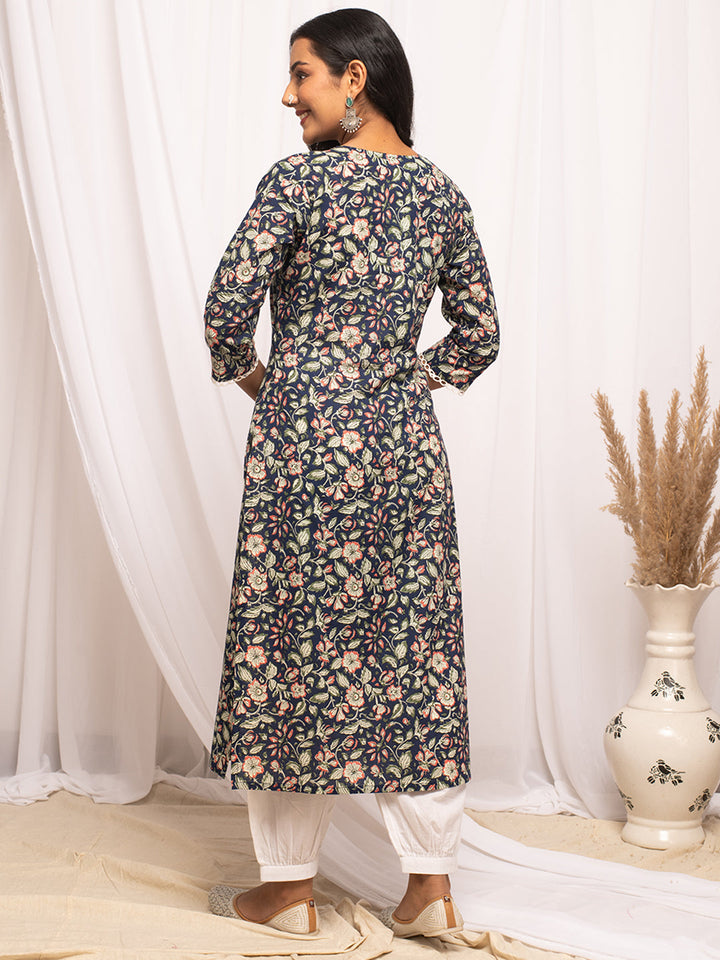 Blue-Cotton-Floral-Print-Straight-Kurta