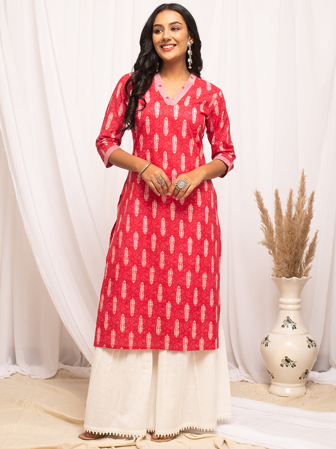 Rani-Pink-Cotton-Leaf-Print-Straight-Kurta