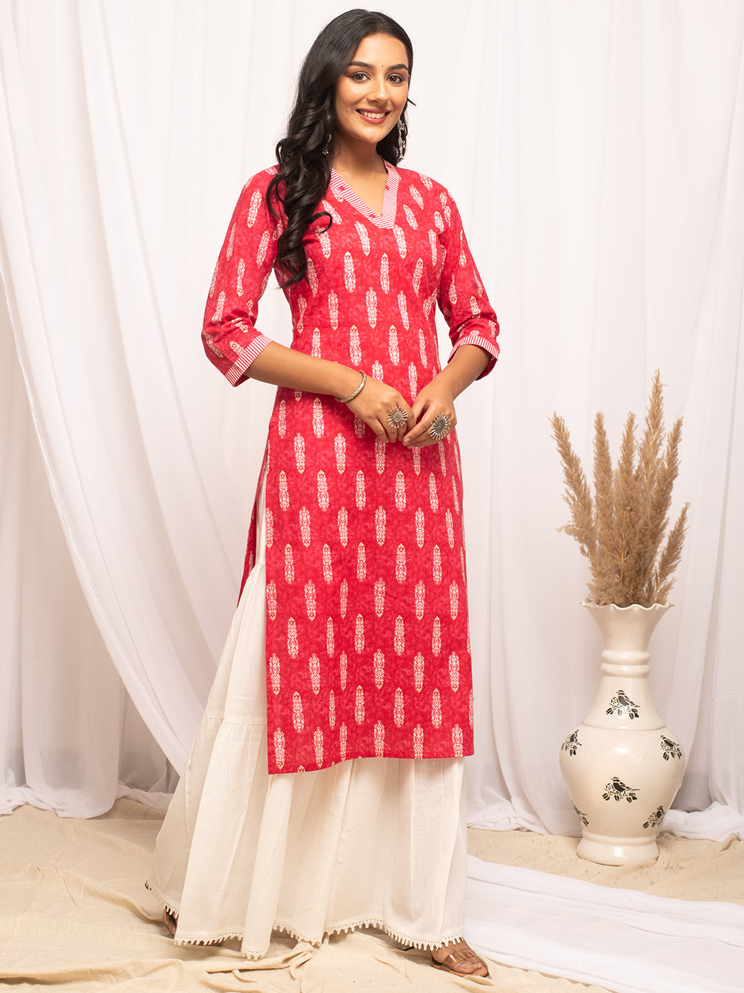 Rani-Pink-Cotton-Leaf-Print-Straight-Kurta