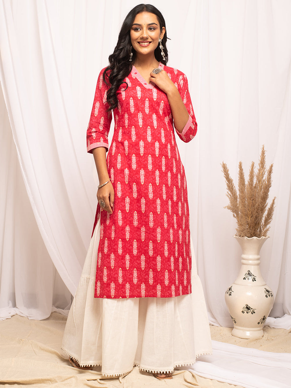 Rani-Pink-Cotton-Leaf-Print-Straight-Kurta