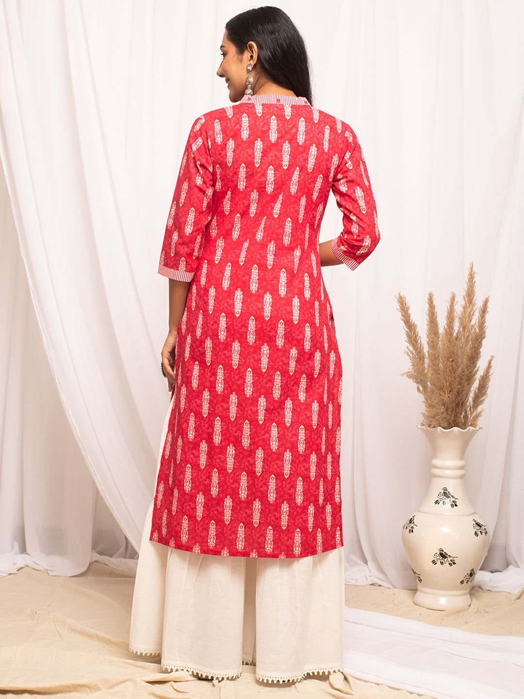 Rani-Pink-Cotton-Leaf-Print-Straight-Kurta