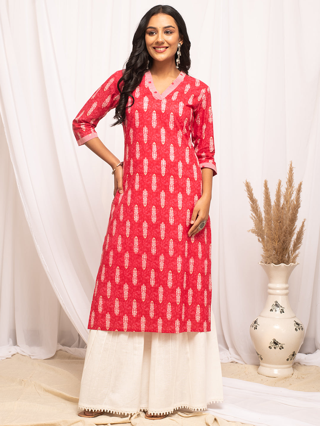 Rani-Pink-Cotton-Leaf-Print-Straight-Kurta