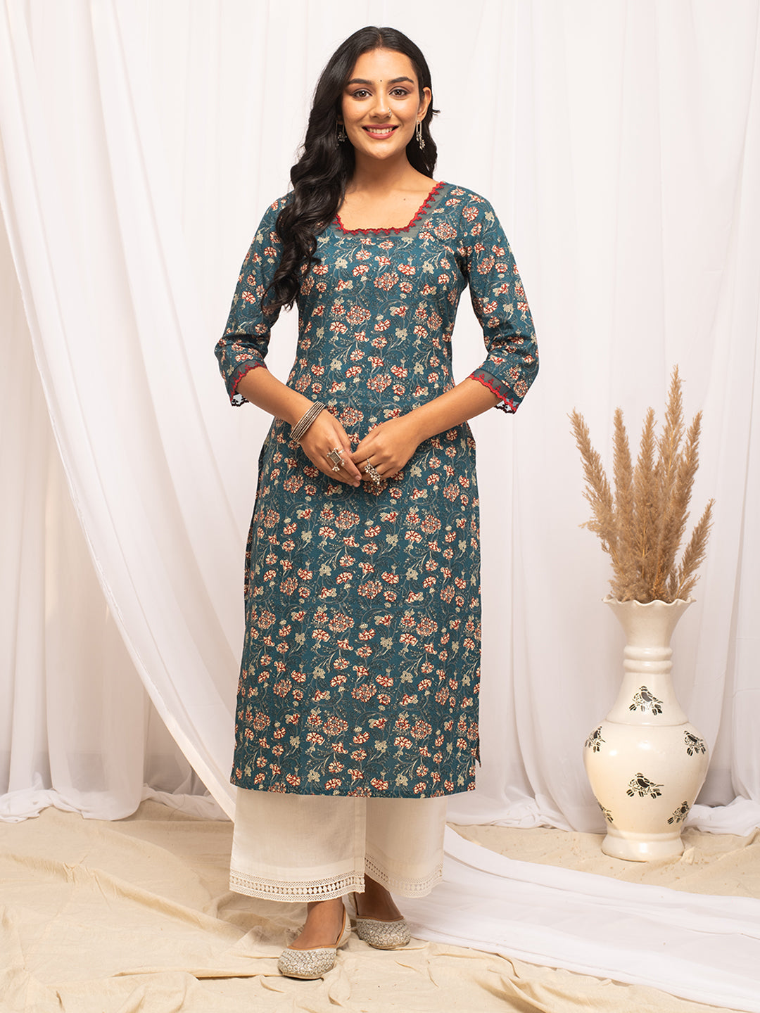 Turquise-Cotton-Floral-Printed-Straight-Kurta