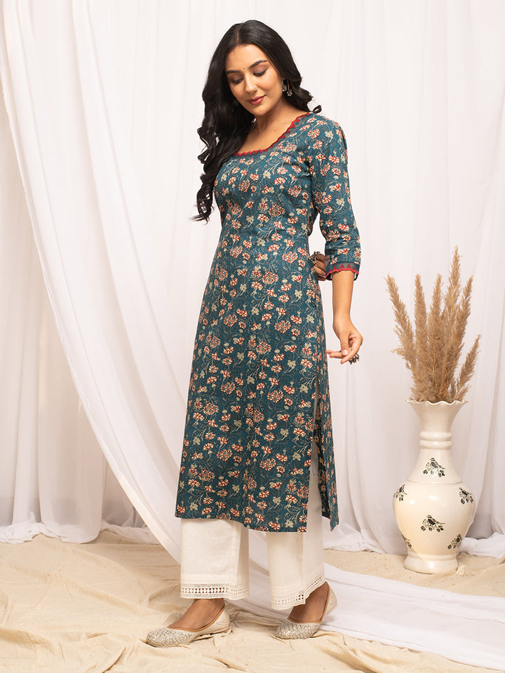 Turquise-Cotton-Floral-Printed-Straight-Kurta