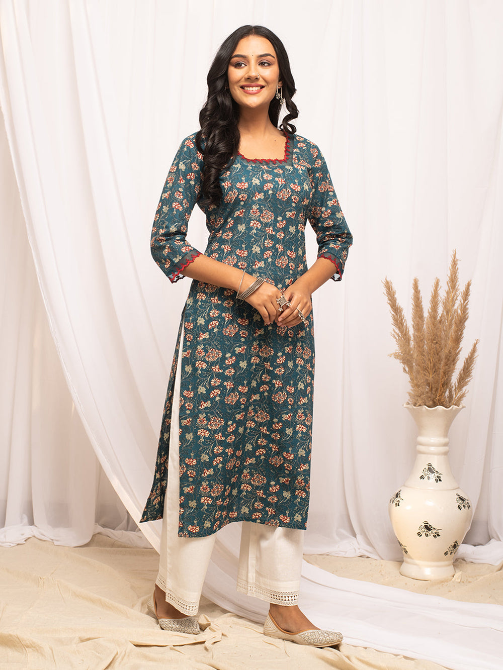 Turquise-Cotton-Floral-Printed-Straight-Kurta