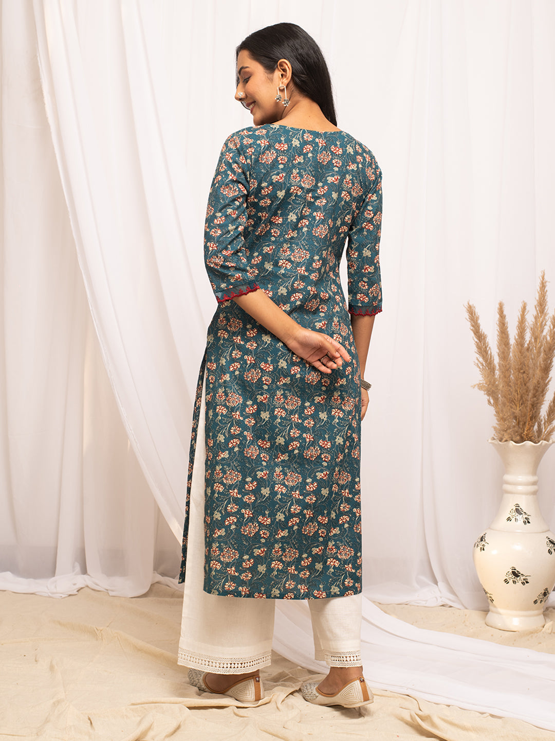 Turquise-Cotton-Floral-Printed-Straight-Kurta