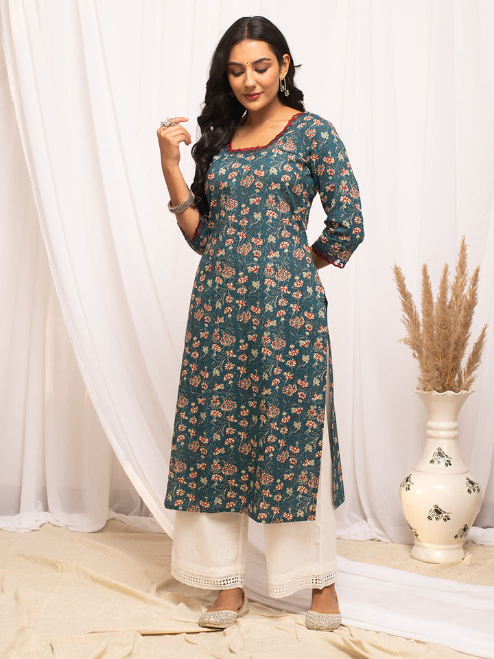 Turquise-Cotton-Floral-Printed-Straight-Kurta