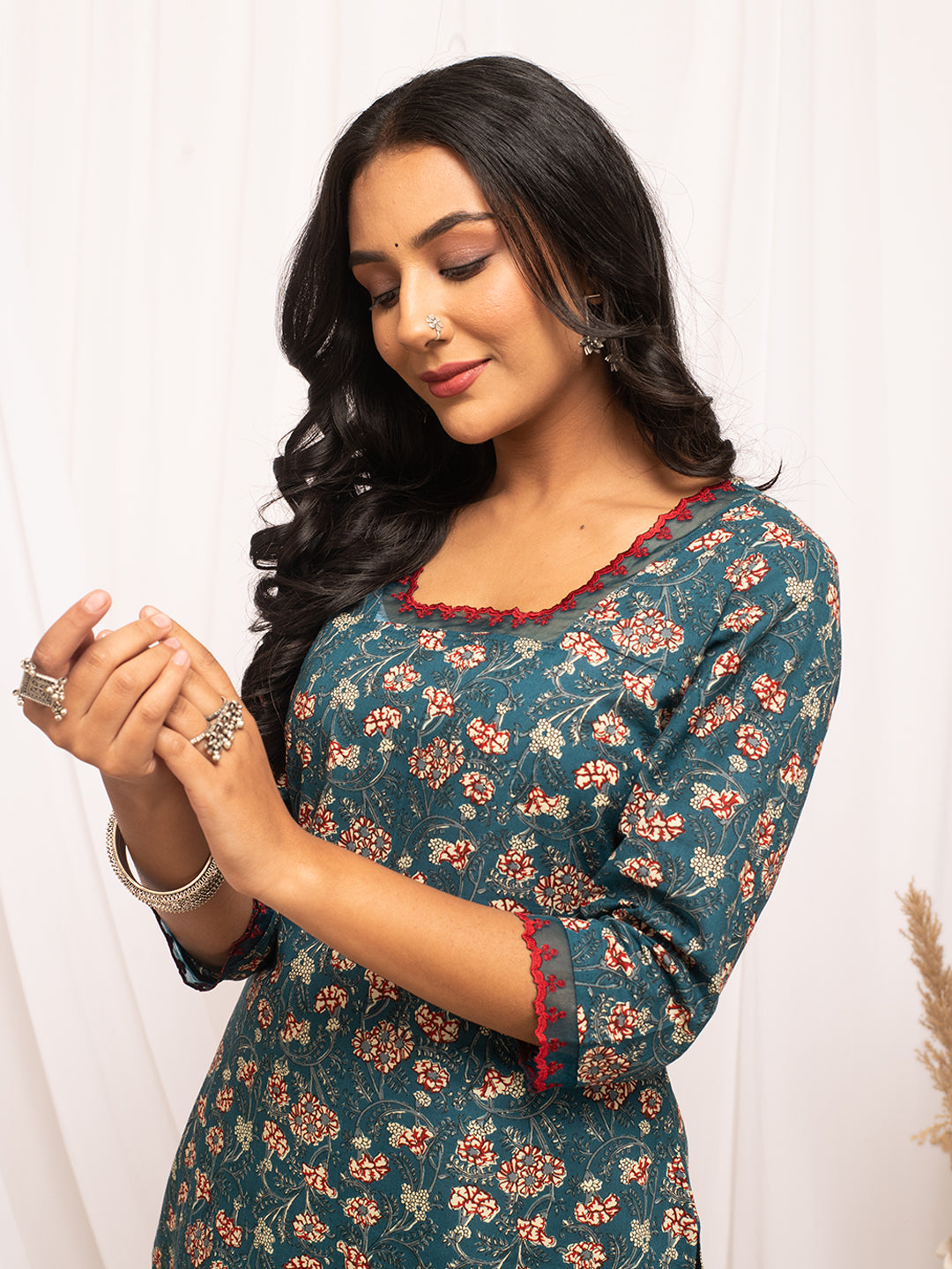 Turquise-Cotton-Floral-Printed-Straight-Kurta