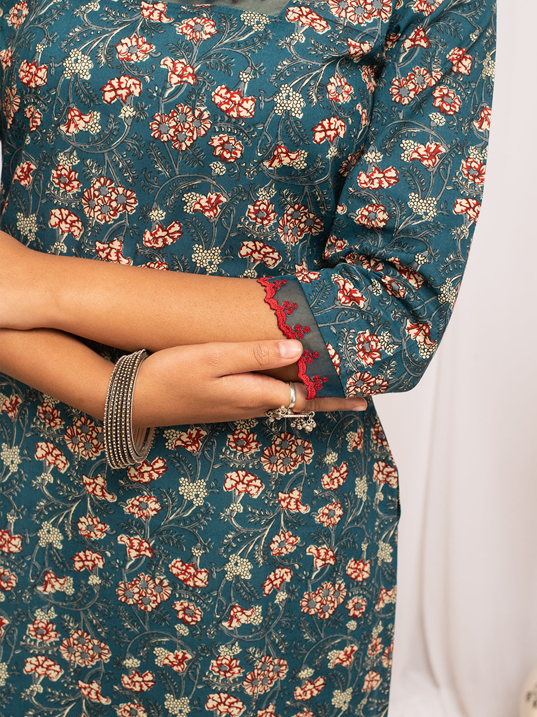 Turquise-Cotton-Floral-Printed-Straight-Kurta