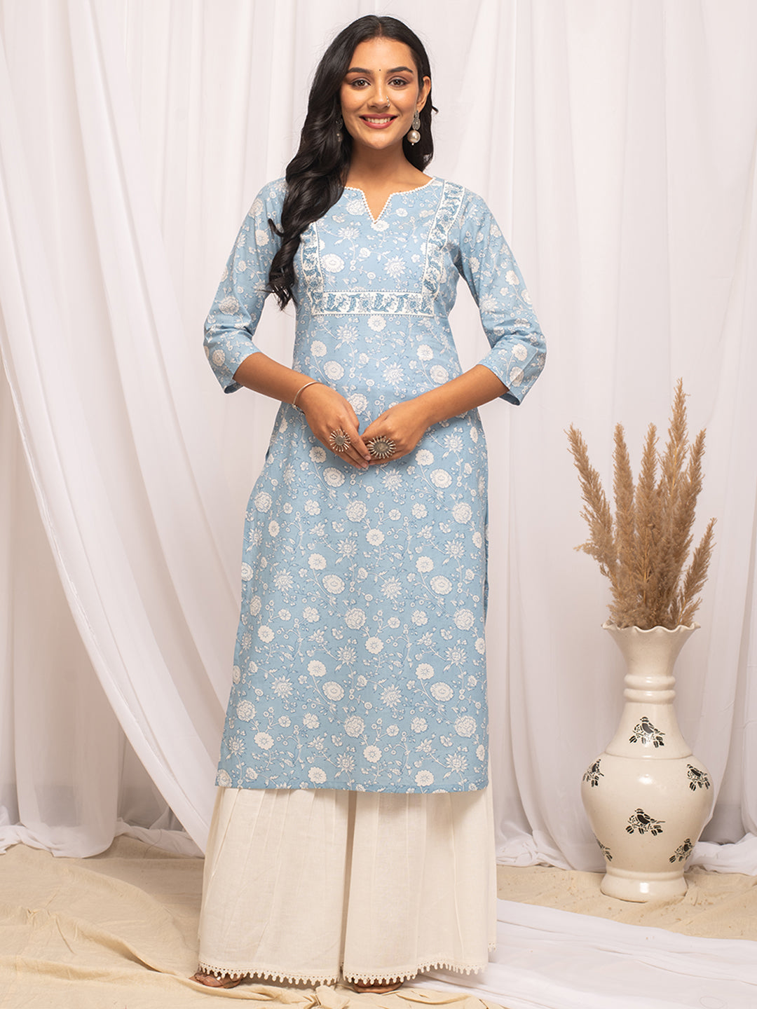 Sky-Blue-Cotton-Floral-Print-Straight-Kurta
