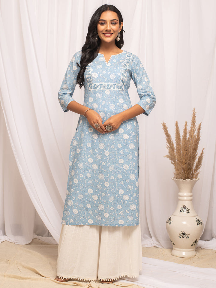 Sky-Blue-Cotton-Floral-Print-Straight-Kurta
