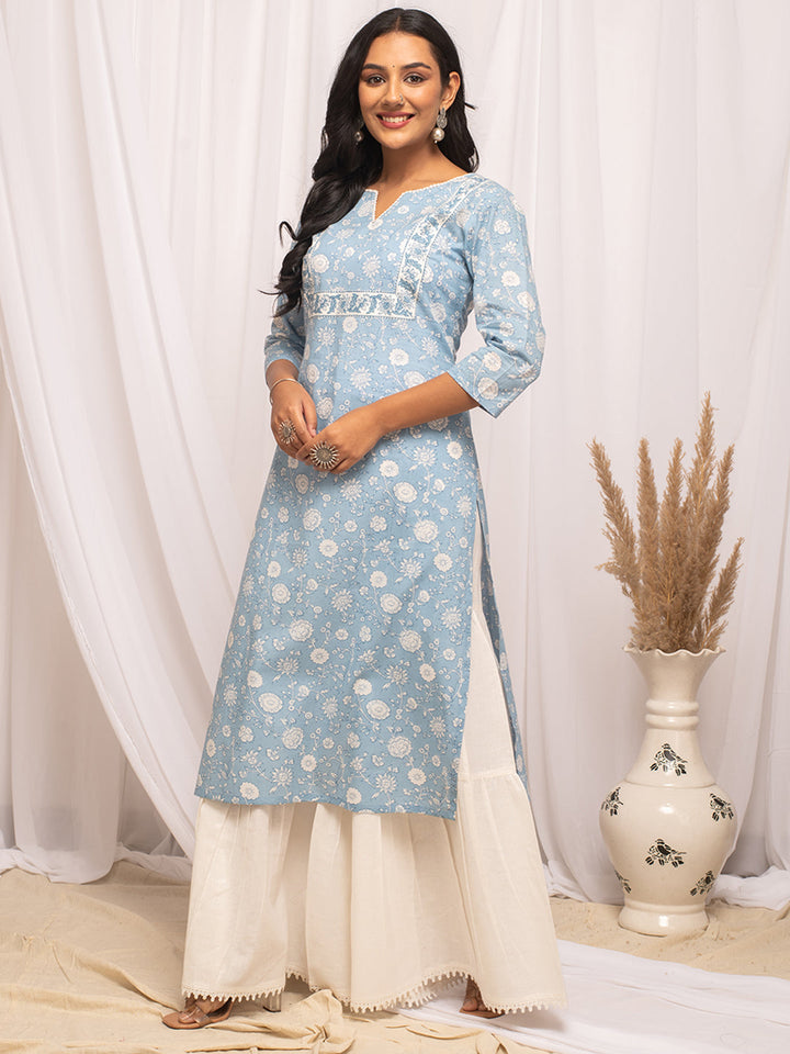 Sky-Blue-Cotton-Floral-Print-Straight-Kurta