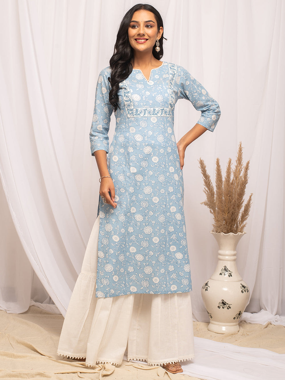 Sky-Blue-Cotton-Floral-Print-Straight-Kurta