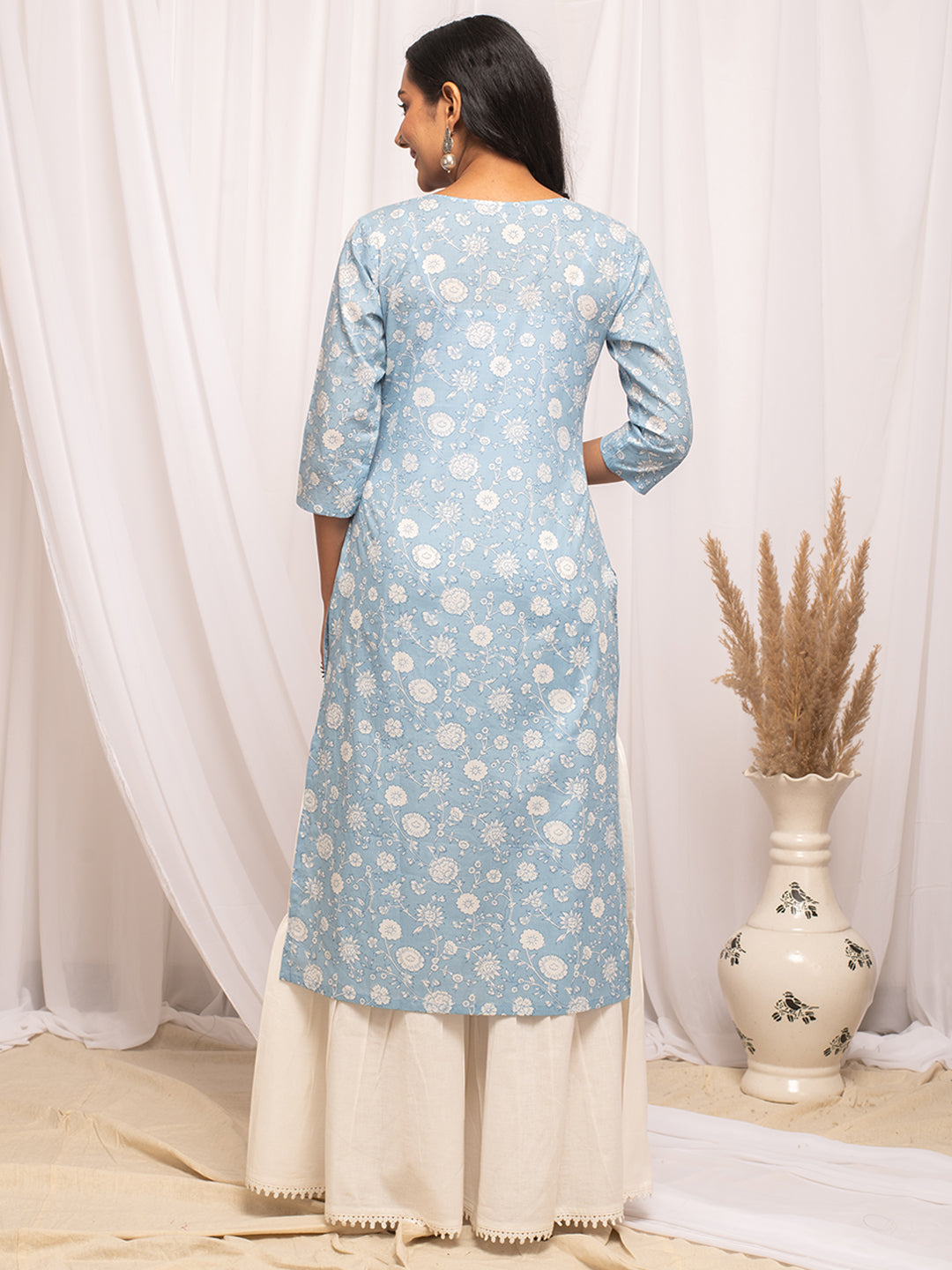 Sky-Blue-Cotton-Floral-Print-Straight-Kurta