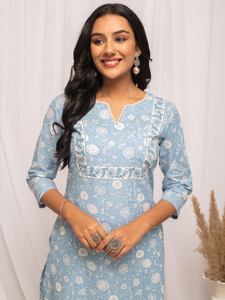 Sky-Blue-Cotton-Floral-Print-Straight-Kurta
