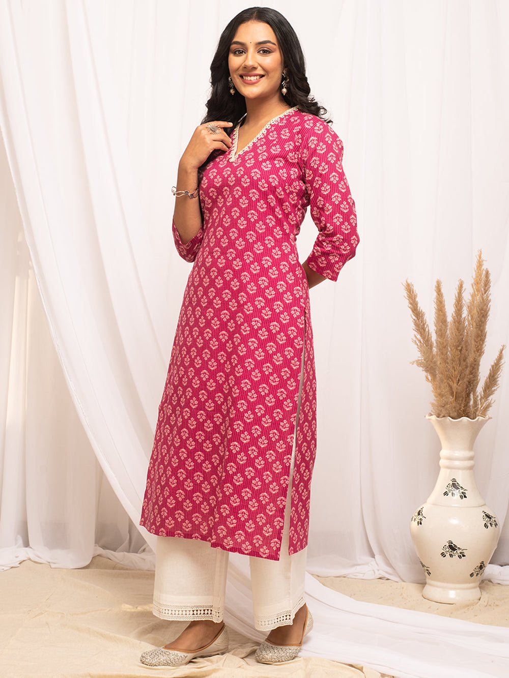 Pink-Cotton-Floral-Printed-Straight-Kurta